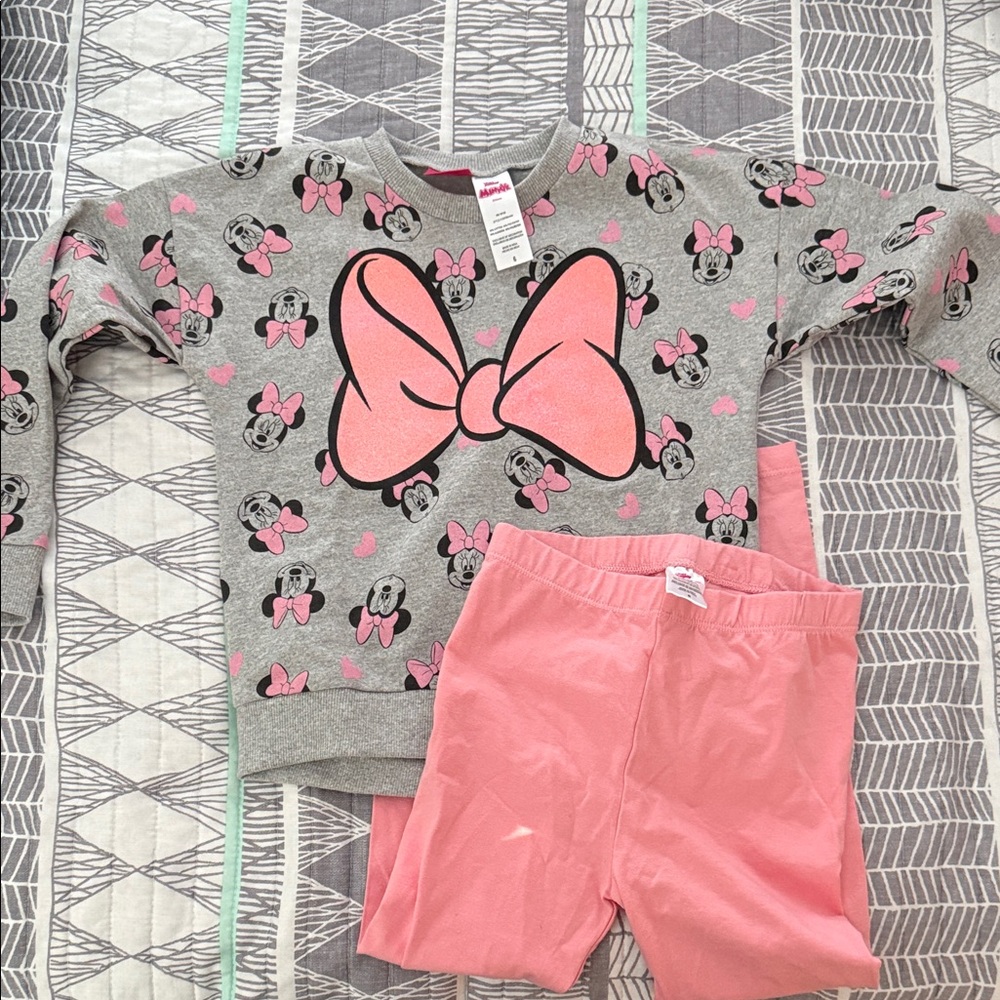 Disney Minnie Mouse Gray and Pink Bow Kids Sweatshirt and Pants Combo - Size 6